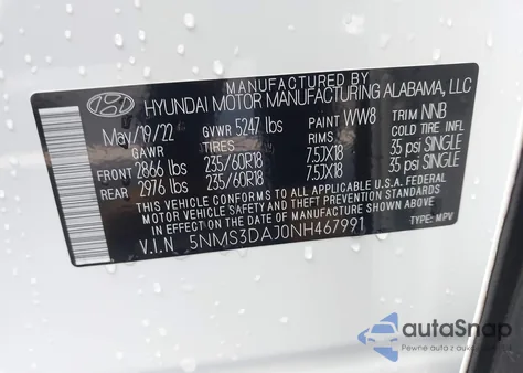 2022 Hyundai Santa Fe Sel z USA, uszkodzony, nr VIN 5NMS3DAJ0NH467991